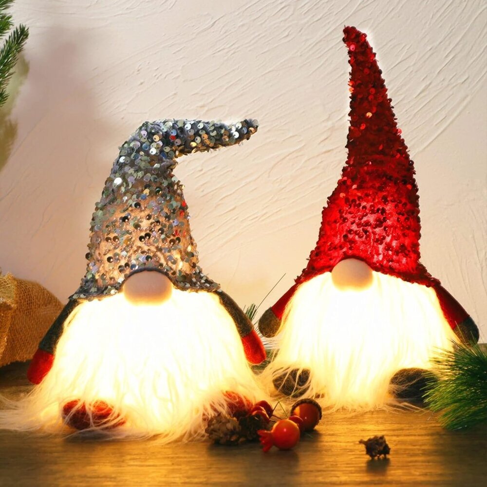 12" Lighted Christmas Gnome, Handmade Sequins Hat Scandinavian Swedish Tomte, Li